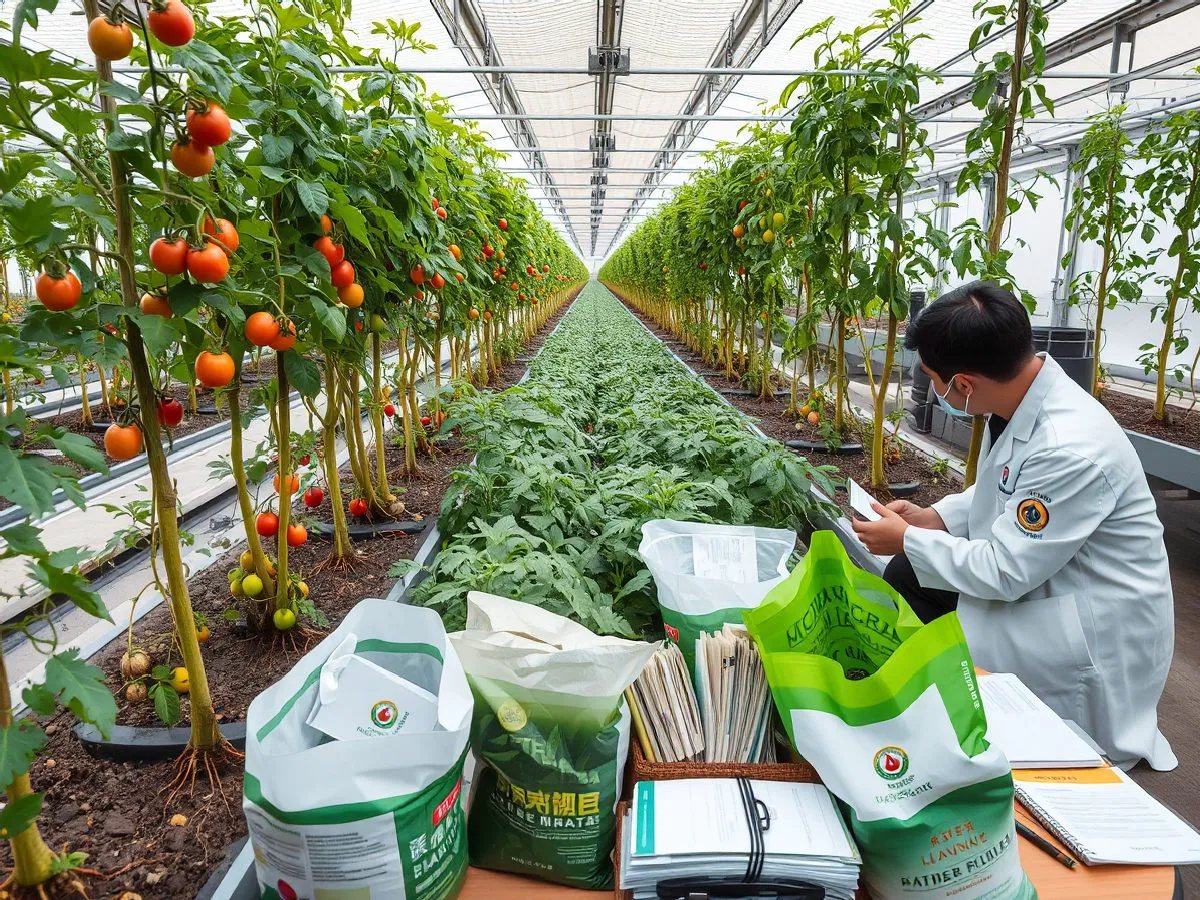 温室中技术人员检查番茄根系，旁边摆放微生物肥料